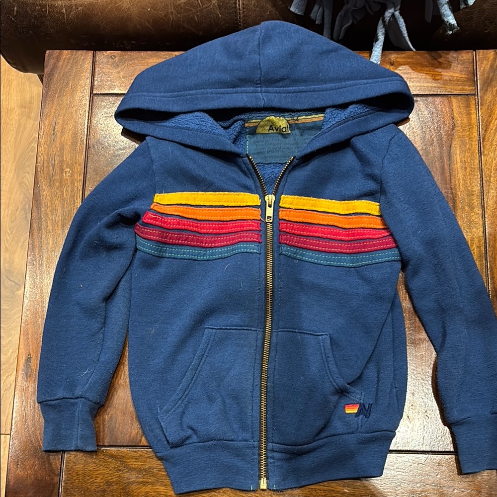 Aviator Nation Blue Hoodie with Colorful Stripes